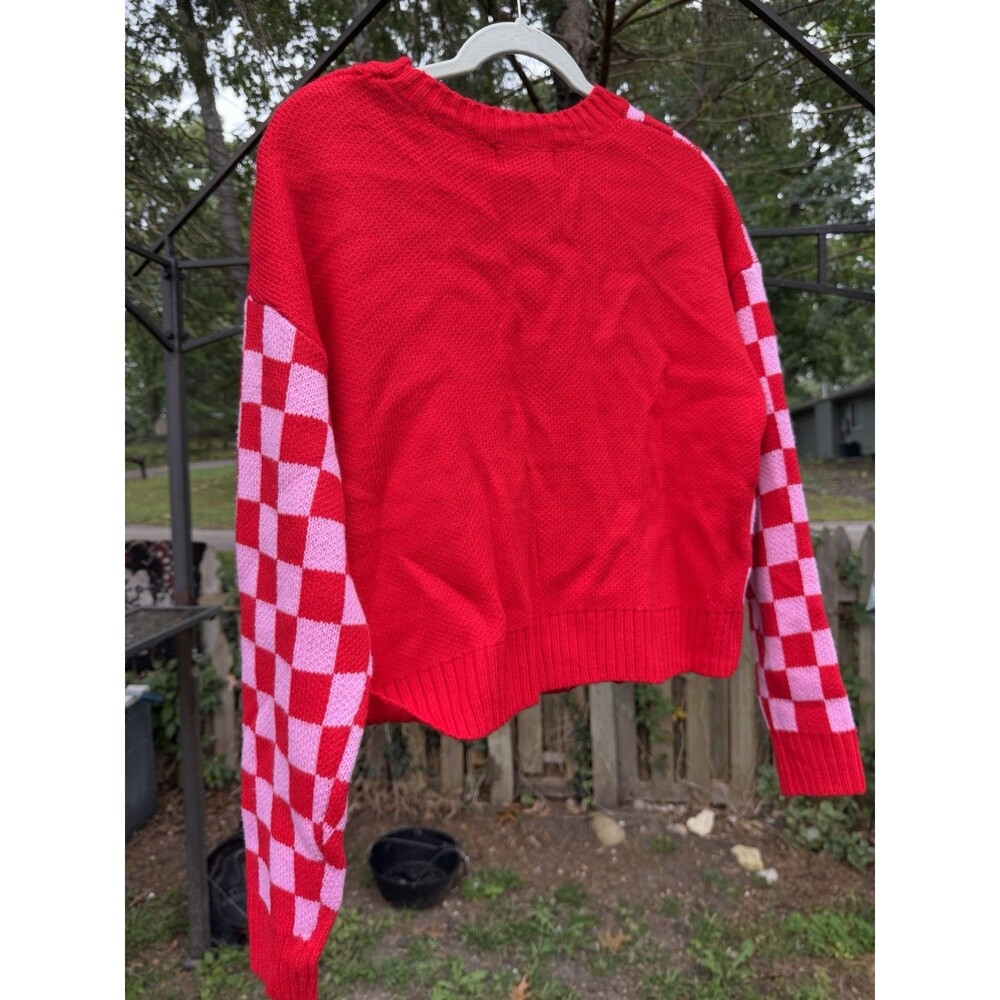 Peanuts Snoopy Heart Check Knit Cardigan Sweater Acrylic V-Neck S NWT - Picture 9 of 9